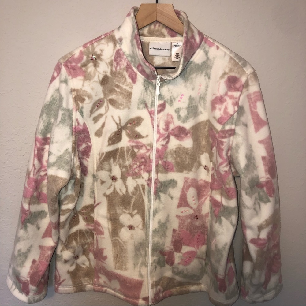 𝅺ALFRED Dunner Floral Vintage 80s floral Patterned ZipUp Fleece Sequin Jacket
